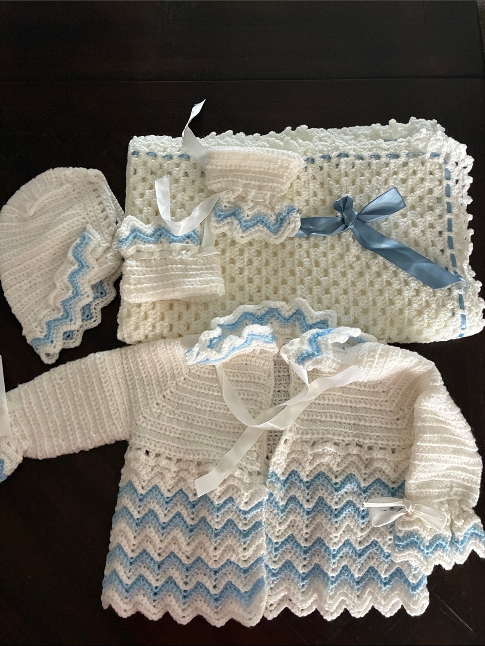 Handmade White & Light Blue Crochet Baby Matching Set